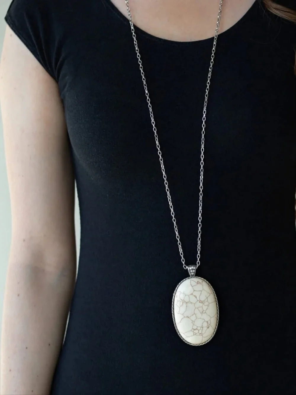 paparazzi Silver-Tone Long Necklace with Cream Marbled Oval Pendant